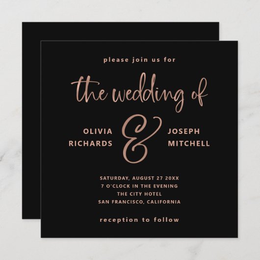 Invitation Elégant Black et Faux Rose Mariage or (Devant / Derrière)