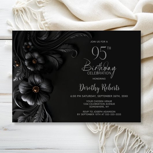Invitation Elegant Black Floral 95th Birthday Party