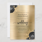 Invitation Elegant Black Floral Gold Brushed Metal Wedding (Devant)