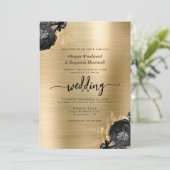 Invitation Elegant Black Floral Gold Brushed Metal Wedding (Debout devant)