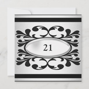Invitation Elégant Black Floral Light Argent 21e anniversaire