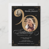 Invitation Elégant Black Gold 2 Photo Custom 90e anniversaire (Devant)