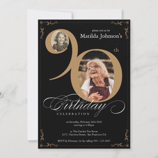 Invitation Elégant Black Gold 2 Photo Custom 90e anniversaire (Devant)