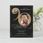 Invitation Elégant Black Gold 2 Photo Custom 90e anniversaire (Debout devant)