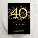 Invitation Elégant Black Gold 40e anniversaire<br><div class="desc">Elégante invitation à la fête du 40e anniversaire en or noir. Design féminin moderne et personnalisable avec des accents botaniques rose et de l'or de parties scintillant faux. Carte invitation florale simple parfaite pour une célébration anniversaire élégante. Personnalisez avec vos propres détails. Invitations Zazzle imprimées ou téléchargement instantané modèle imprimable...</div>