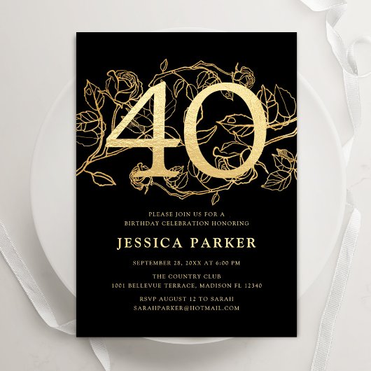 Invitation Elégant Black Gold 40e anniversaire