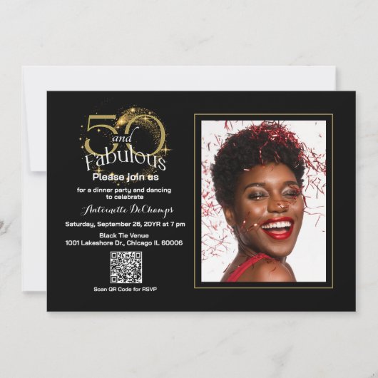 Invitation Elégant Black Gold 50 & Fabuleux QR Code Anniversa (Devant)