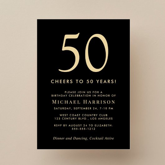 Invitation Elegant Black Gold 50th Birthday Party