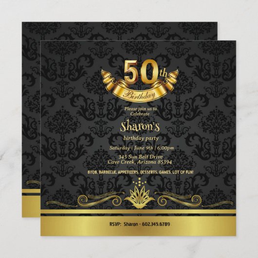 Invitation Elégant Black & Gold 50th Birthday Party Invitatio (Devant / Derrière)