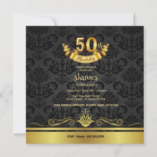 Invitation Elégant Black & Gold 50th Birthday Party Invitatio (Devant)