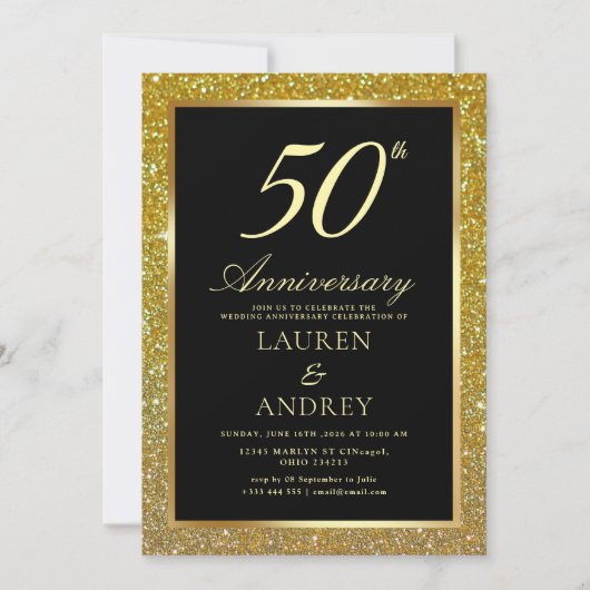 Invitation Elegant Black Gold 50th Wedding Anniversary (Devant)