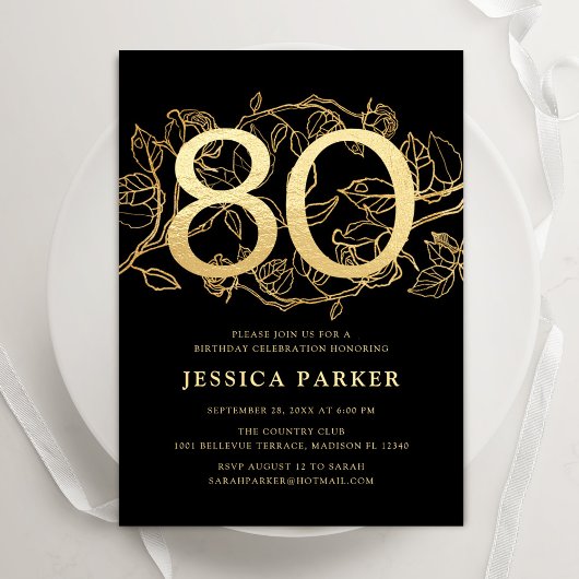 Invitation Elégant Black Gold 80e anniversaire