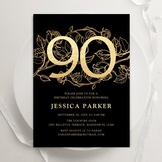 Invitation Elégant Black Gold 90e anniversaire