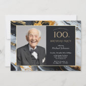 Invitation Elégant Black Gold Agate Photo 100e anniversaire (Devant)