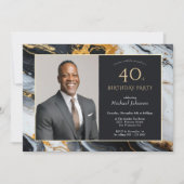 Invitation Elégant Black Gold Agate Photo 40e anniversaire (Devant)