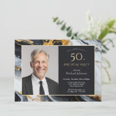 Invitation Elégant Black Gold Agate Photo 50e anniversaire (Debout devant)