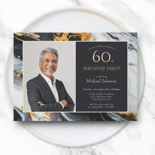 Invitation Elégant Black Gold Agate Photo 60e anniversaire