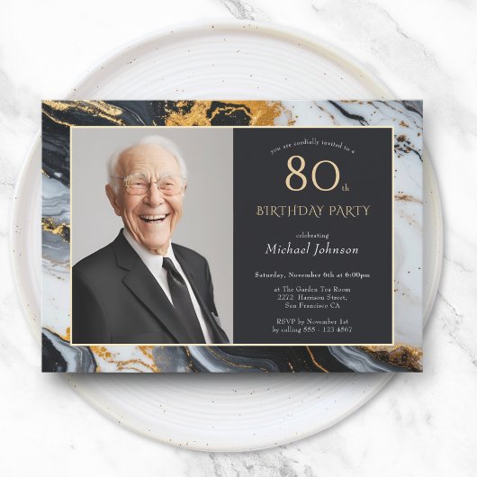 Invitation Elégant Black Gold Agate Photo 80e anniversaire