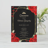 Invitation Elegant Black Gold and Red Roses Quinceanera  (Debout devant)