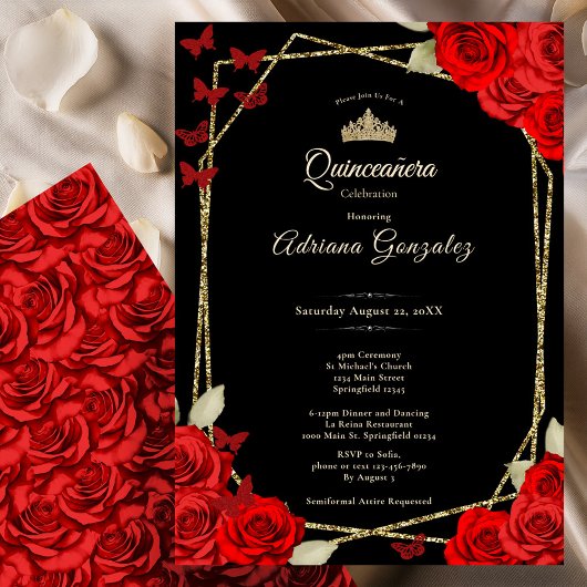 Invitation Elegant Black Gold and Red Roses Quinceanera 