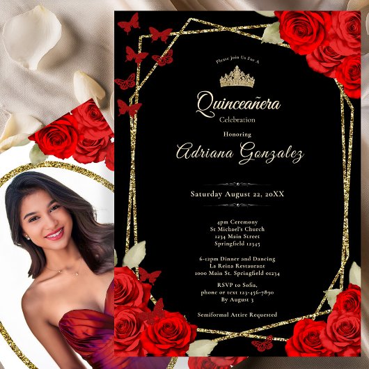 Invitation Elegant Black Gold and Red Roses Quinceanera 