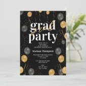 Invitation Élégant Black & Gold Ballons Graduation (Debout devant)
