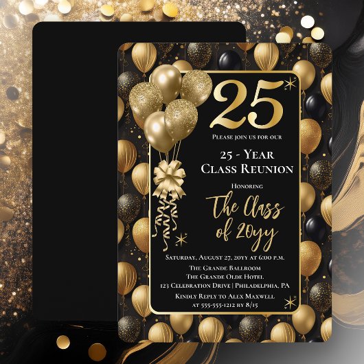 Invitation Elegant Black Gold Balloons 25 Year Class Reunion