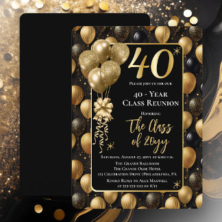 Invitation Elegant Black Gold Balloons 40 Year Class Reunion