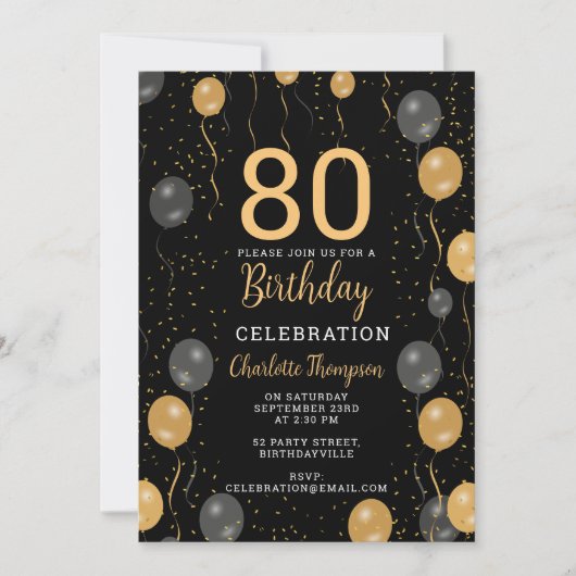 Invitation Elégant Black & Gold Balloons 80e fête d'anniversa (Devant)