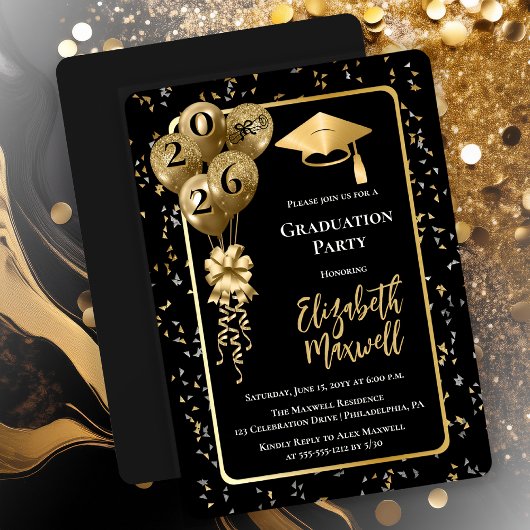 Invitation Elegant Black Gold Balloons Graduation Party