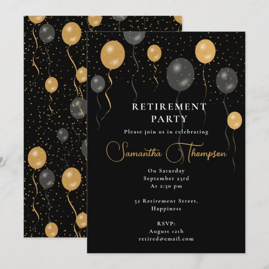 Invitation Élégant Black & Gold Balloons Parti de retraite (Devant / Derrière)