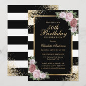 Invitation Elégant Black Gold Black Pink Floral 50e anniversa (Devant / Derrière)