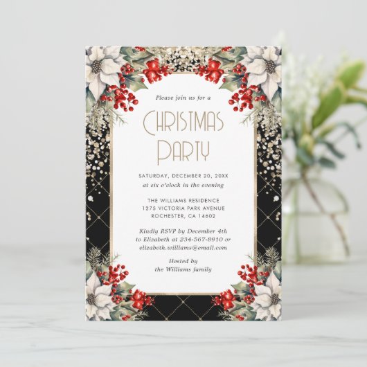 Invitation Elegant Black Gold Botanical Christmas Party (Debout devant)