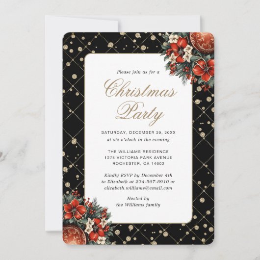 Invitation Elegant Black Gold Botanical Christmas Party (Devant)