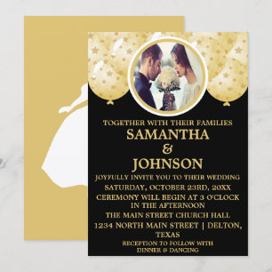 Invitation Élégant Black Gold Confetti Balloons Mariage photo