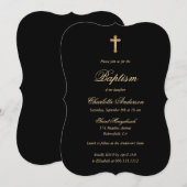 Invitation Élégant Black Gold Cross Script Baptême (Devant / Derrière)