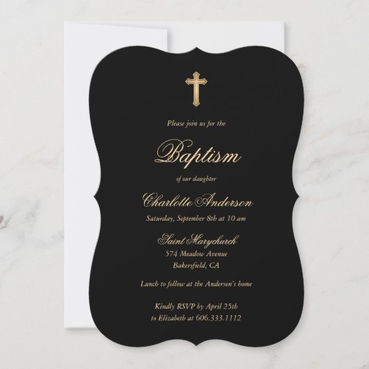 Invitation Élégant Black Gold Cross Script Baptême (Devant)