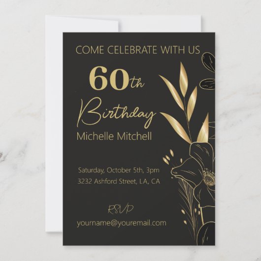 Invitation Elégant Black Gold Custom 60e anniversaire N'impor (Devant)