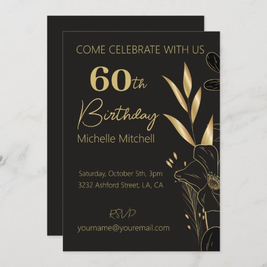 Invitation Elégant Black Gold Custom 60e anniversaire N'impor (Devant / Derrière)