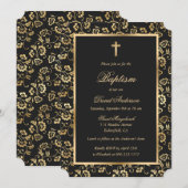 Invitation Élégant Black Gold Floral Boy Baptism (Devant / Derrière)