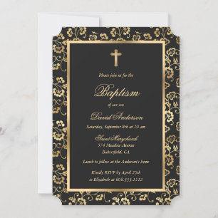 Invitation Élégant Black Gold Floral Boy Baptism