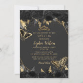 Invitation Elégant Black Gold Floral Butterfly doux 16 (Devant)