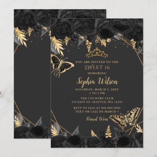 Invitation Elégant Black Gold Floral Butterfly doux 16 (Devant / Derrière)