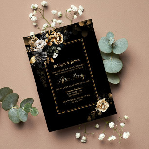 Invitation Elégant Black Gold Floral Mariage après la fête