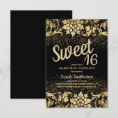 Invitation Elégant Black Gold Floral Parties scintillant Swee (Devant / Derrière)