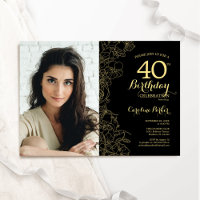 Elégant Black Gold Floral Photo 40e anniversaire
