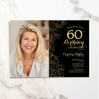 Elégant Black Gold Floral Photo 60e anniversaire