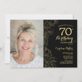 Invitation Elégant Black Gold Floral Photo 70e anniversaire (Devant)