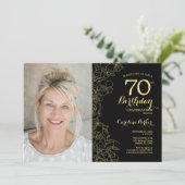 Invitation Elégant Black Gold Floral Photo 70e anniversaire (Debout devant)