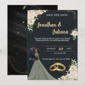 Invitation Elegant Black & Gold Floral Save the Date Wedding  (Devant / Derrière)